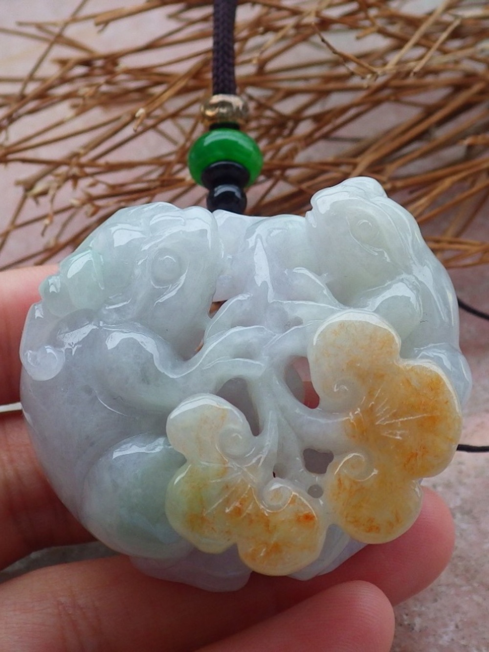 Certified Natural Burma A Jade jadeite Frog Toad Lotus Flower Pendant Necklace